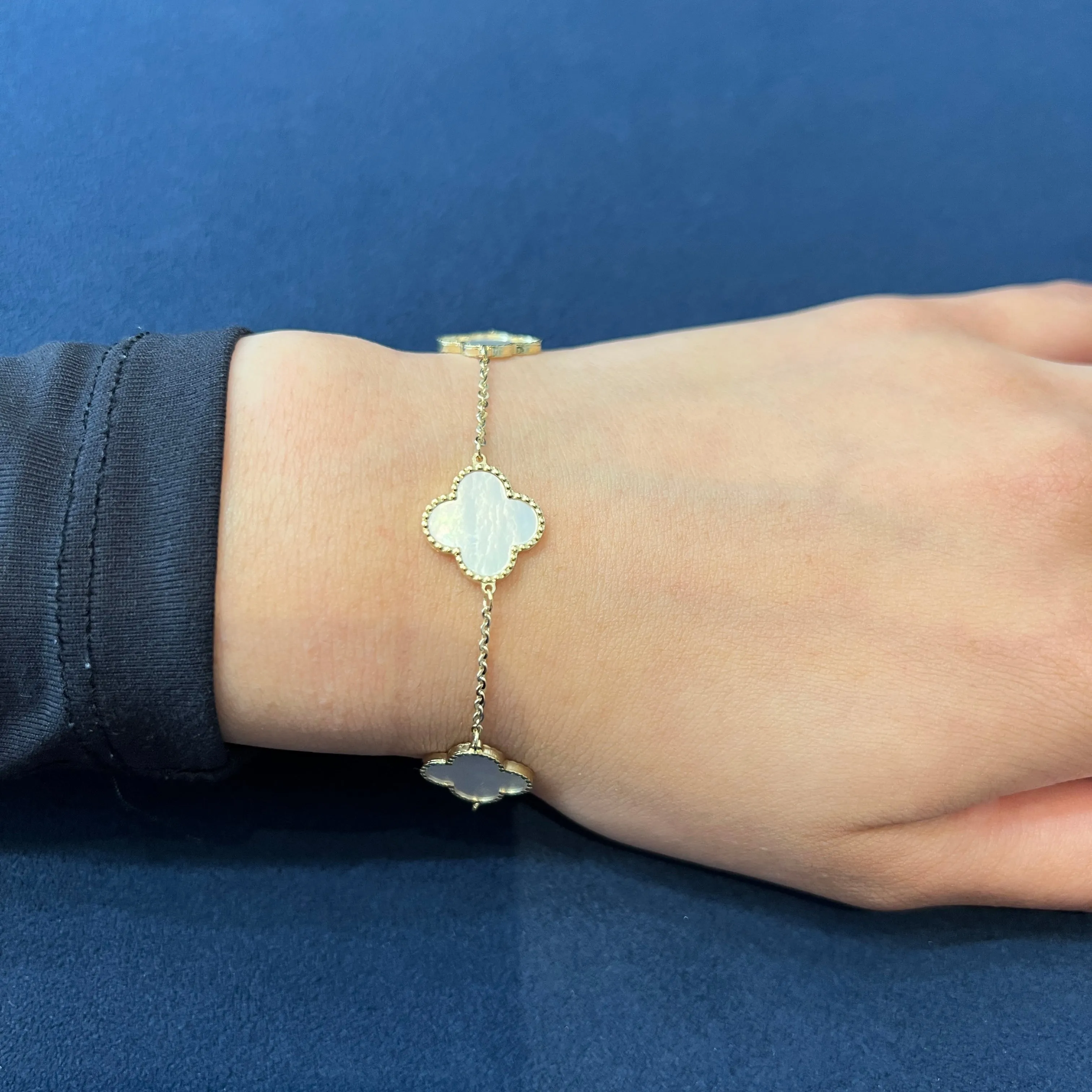 10K Yellow Gold (14mm) Designer Style Clover Beaded Edge Mother of Pearl Bracelet
