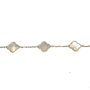 10K Yellow Gold (14mm) Designer Style Clover Beaded Edge Mother of Pearl Bracelet