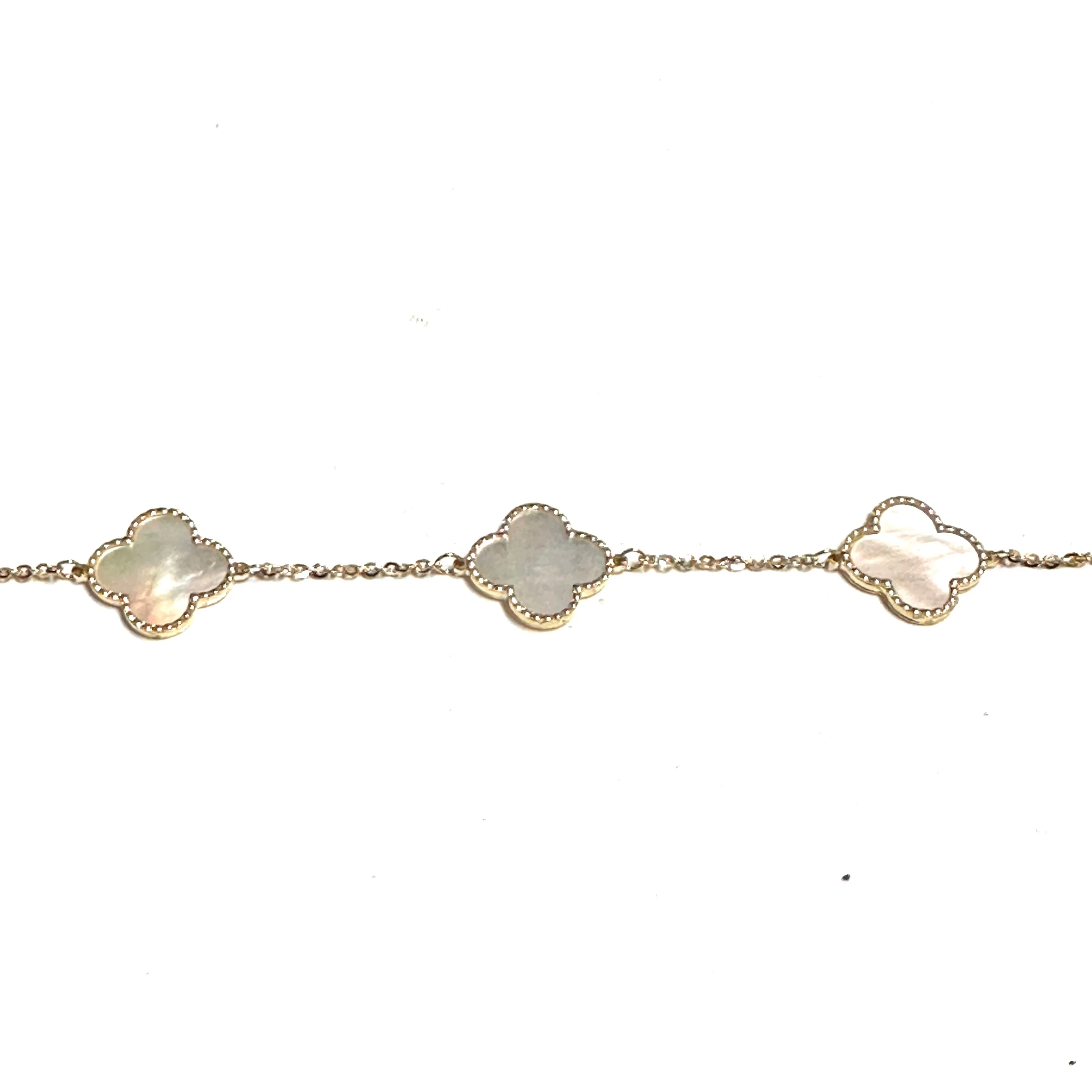 10K Yellow Gold (14mm) Designer Style Clover Beaded Edge Mother of Pearl Bracelet