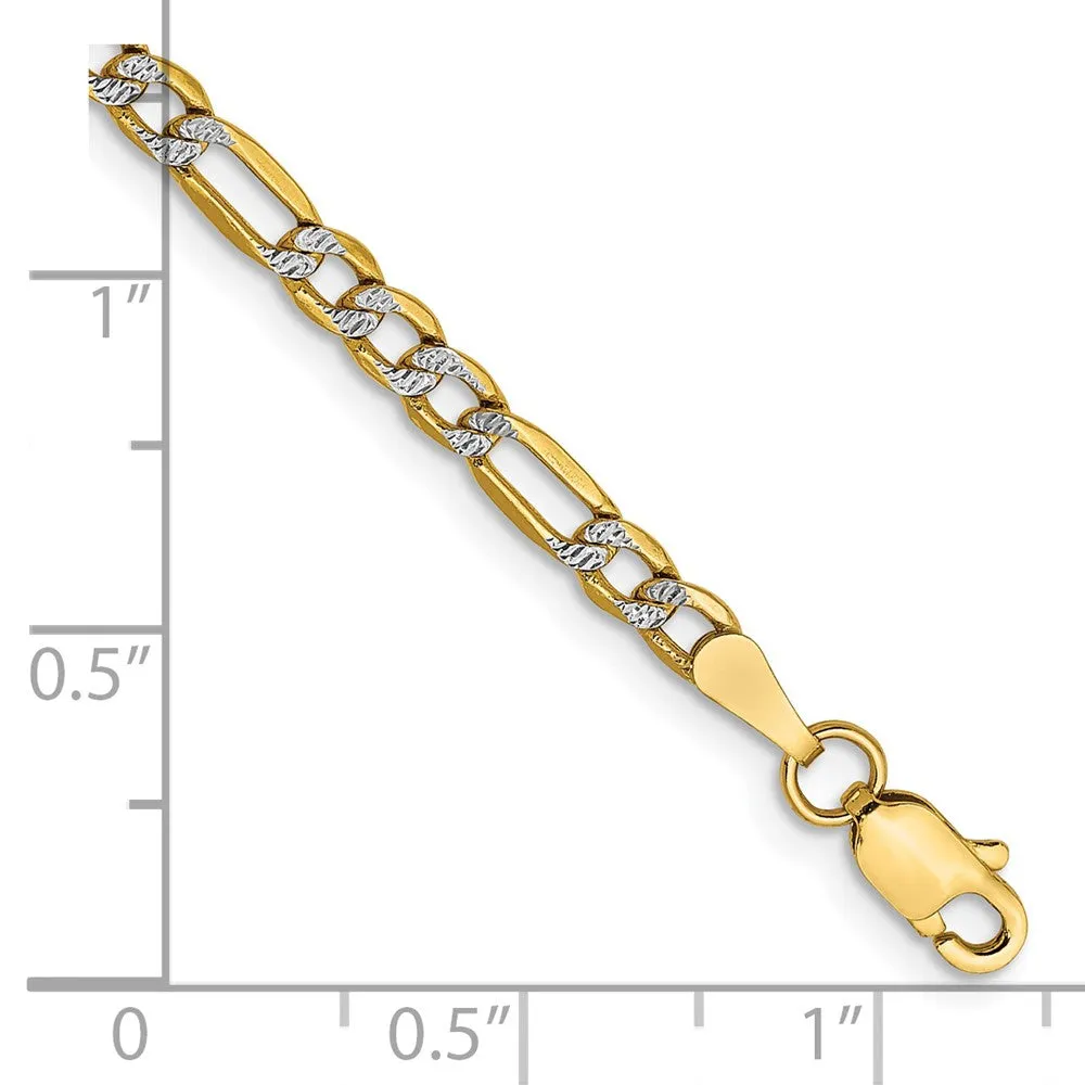 14K 7 inch 3.2mm Semi-Solid with Rhodium Pav� Figaro with Lobster Clasp Bracelet