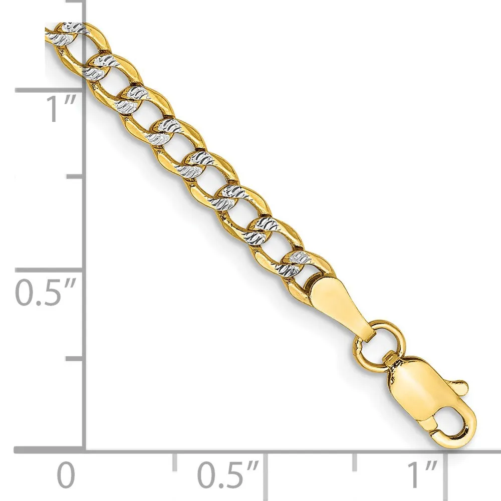 14K 8 inch 3.4mm Semi-Solid with Rhodium Pav� Curb with Lobster Clasp Bracelet
