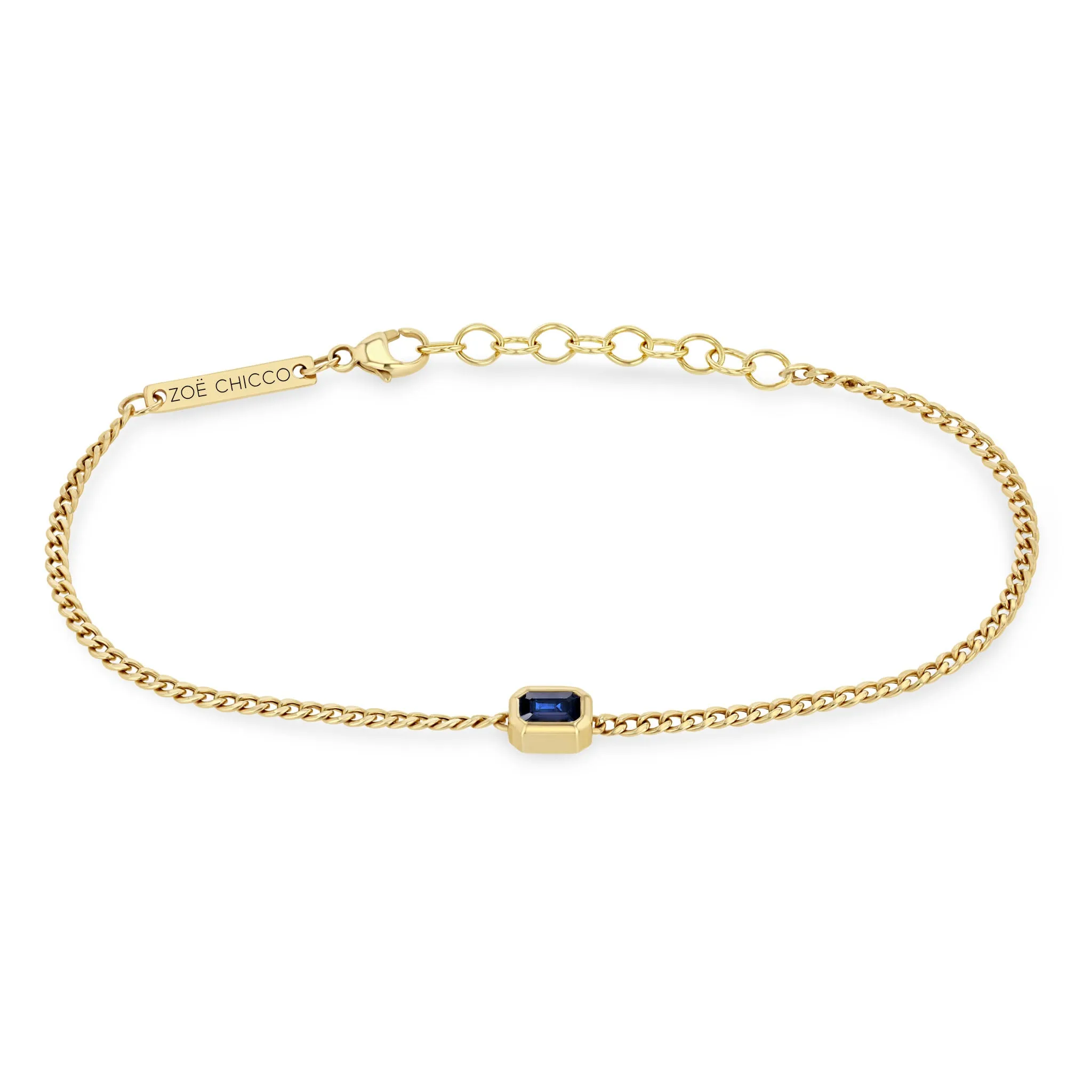 14k Emerald Cut Blue Sapphire XS Curb Chain Bracelet