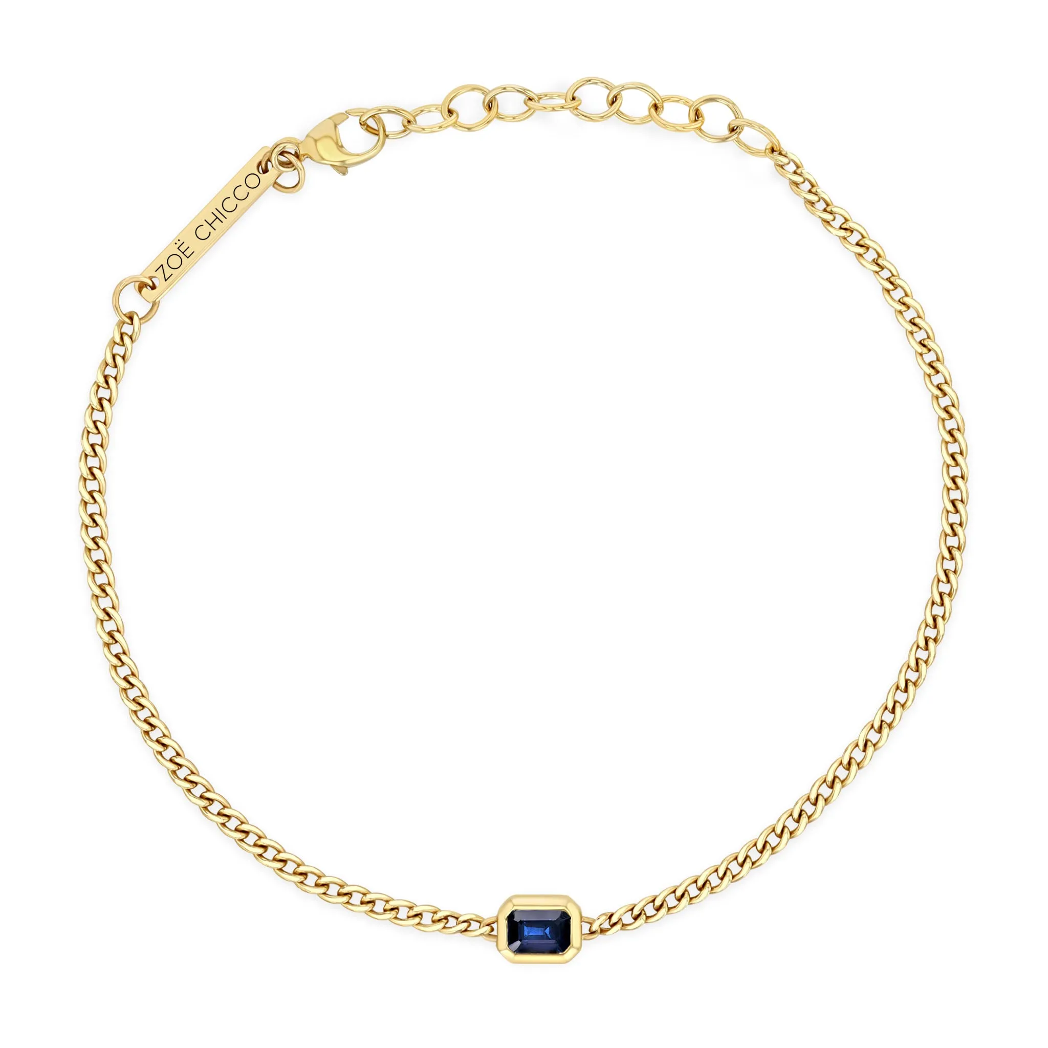 14k Emerald Cut Blue Sapphire XS Curb Chain Bracelet