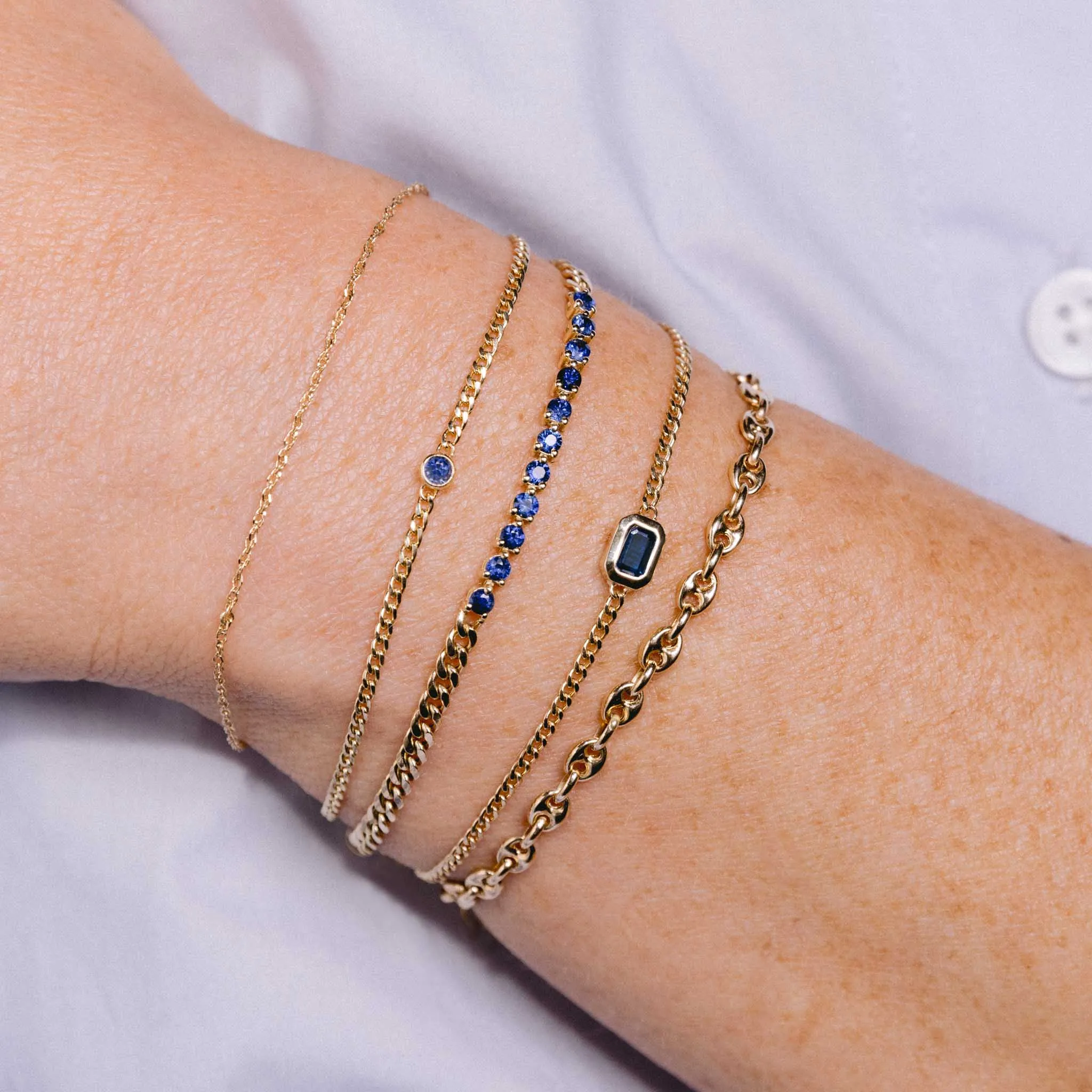 14k Emerald Cut Blue Sapphire XS Curb Chain Bracelet