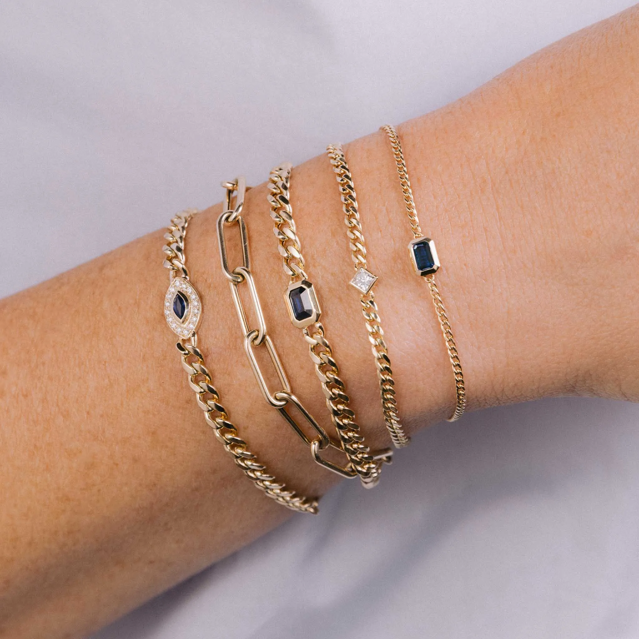 14k Emerald Cut Blue Sapphire XS Curb Chain Bracelet