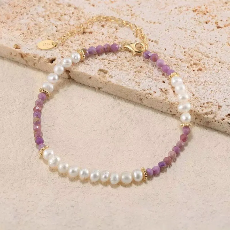 14K Gold 925 Sterling Silver Purple Mica Chain Bracelet