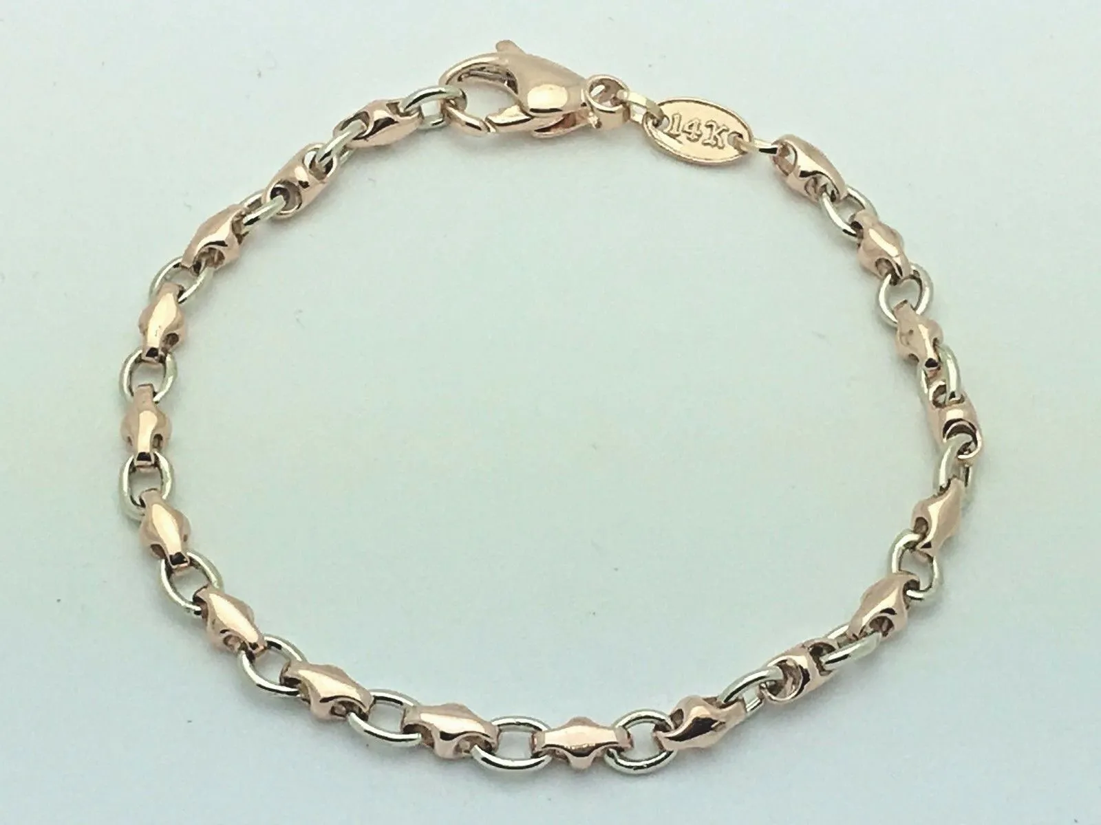 14k Rose & White Gold Handmade Fashion Link Bracelet 7" - 9" 4mm