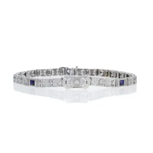 14K White Gold 0.04 Old European Cut Diamond and Synthetic Sapphire Filigree Bracelet