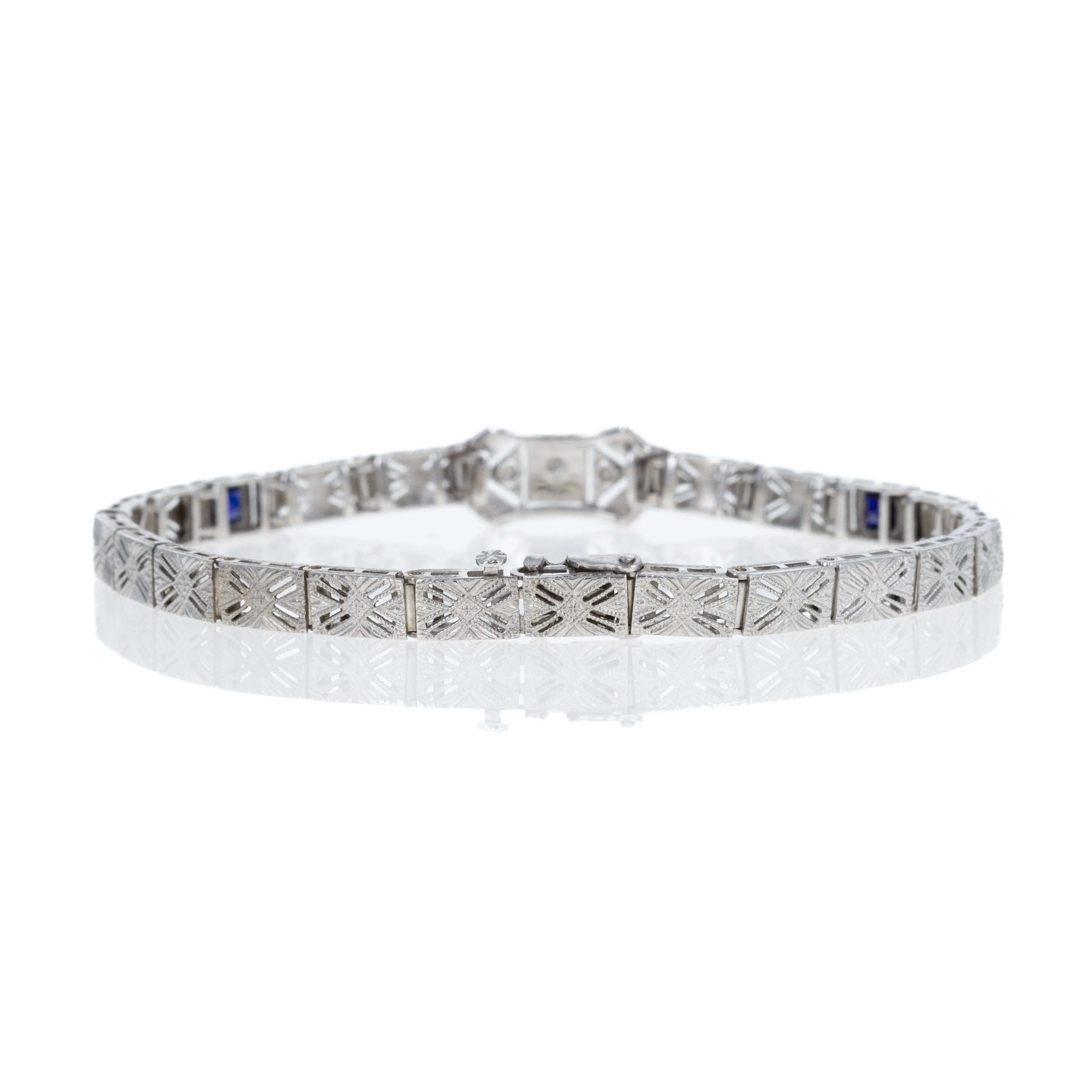 14K White Gold 0.04 Old European Cut Diamond and Synthetic Sapphire Filigree Bracelet