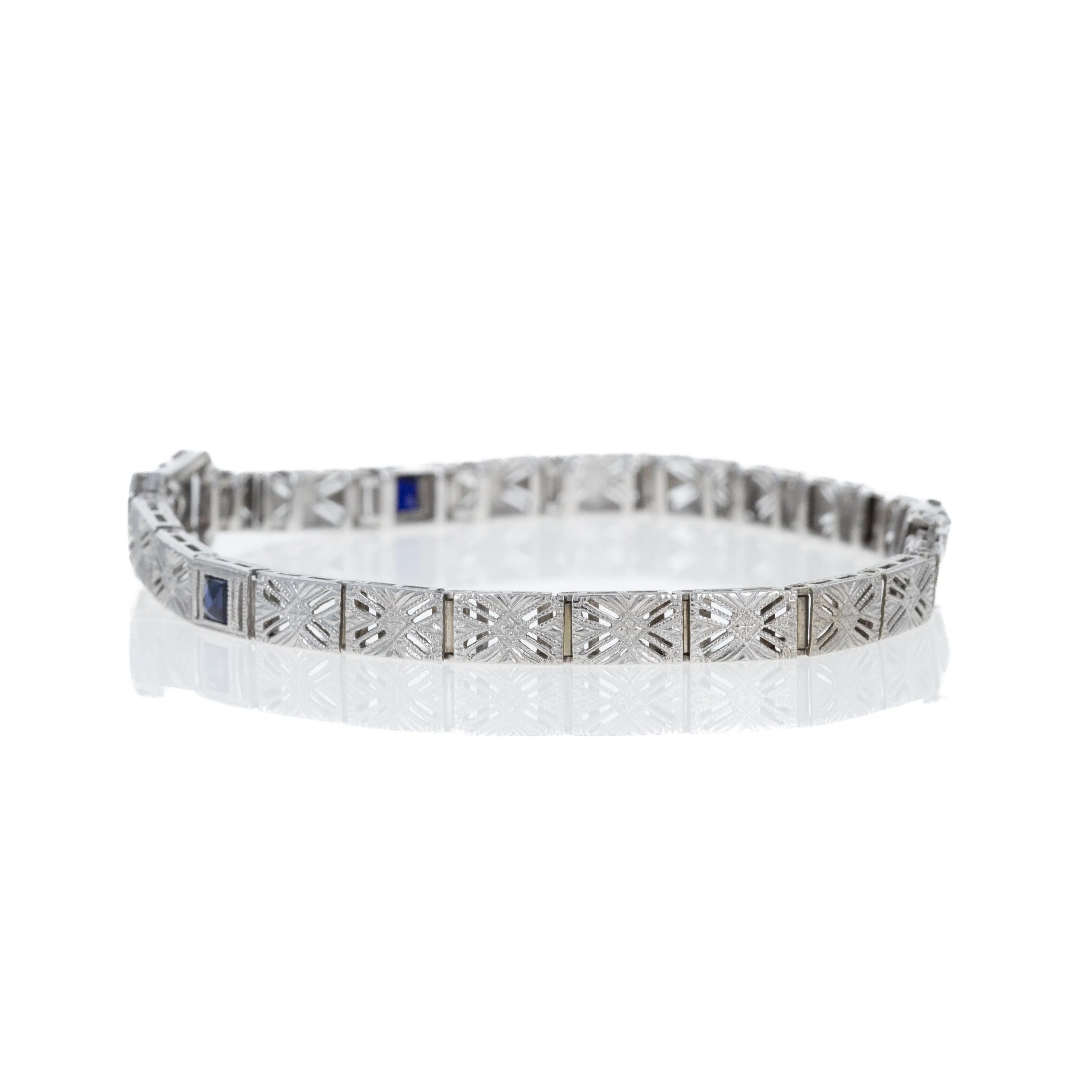 14K White Gold 0.04 Old European Cut Diamond and Synthetic Sapphire Filigree Bracelet