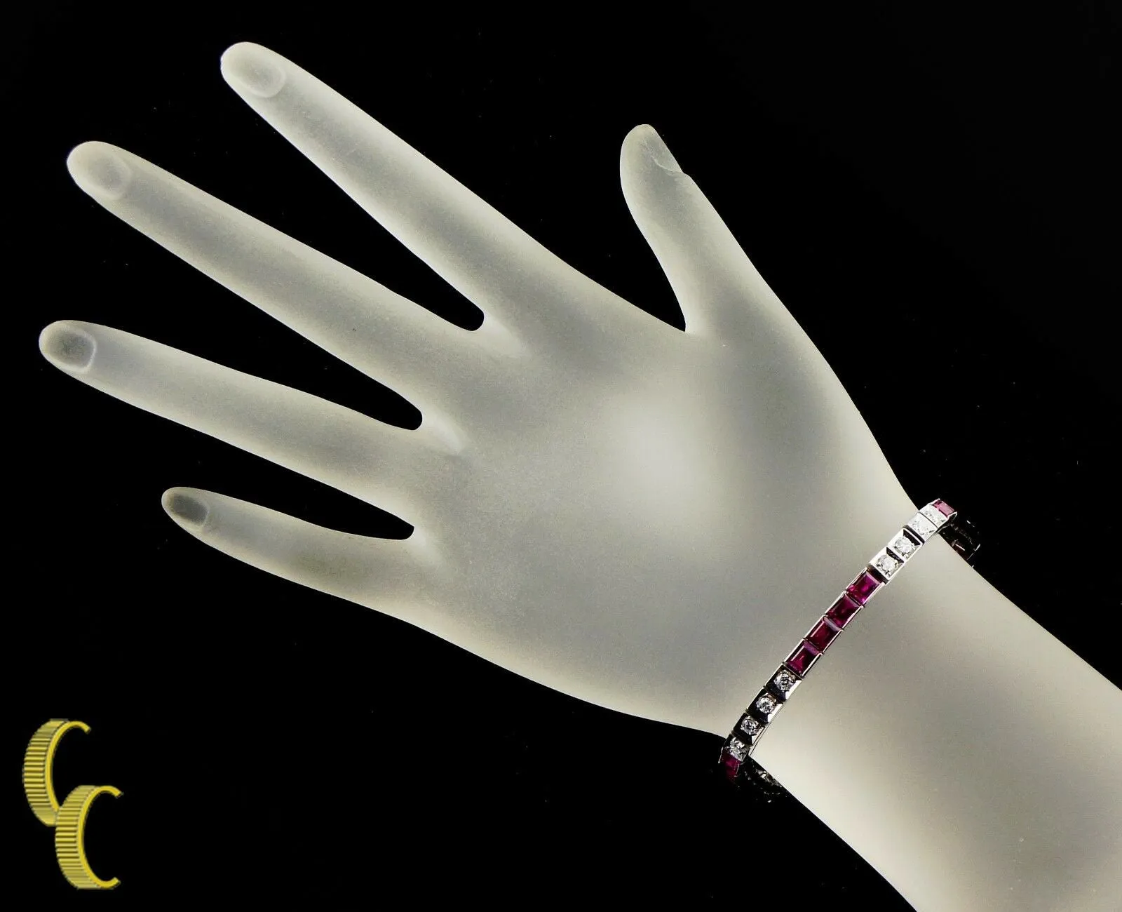14K White Gold 11.00 carat Lab Ruby and Diamond Tennis Bangle Bracelet Size 7.25