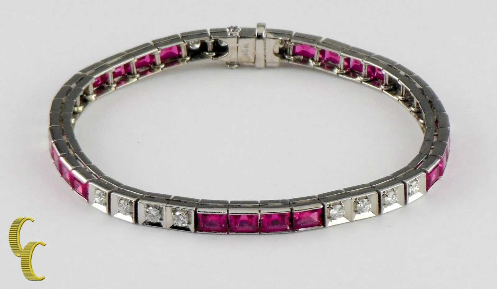 14K White Gold 11.00 carat Lab Ruby and Diamond Tennis Bangle Bracelet Size 7.25