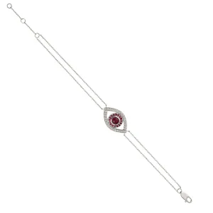 14K White Gold Pave Diamond Ruby Gemstone Evil Eye Design Bracelet