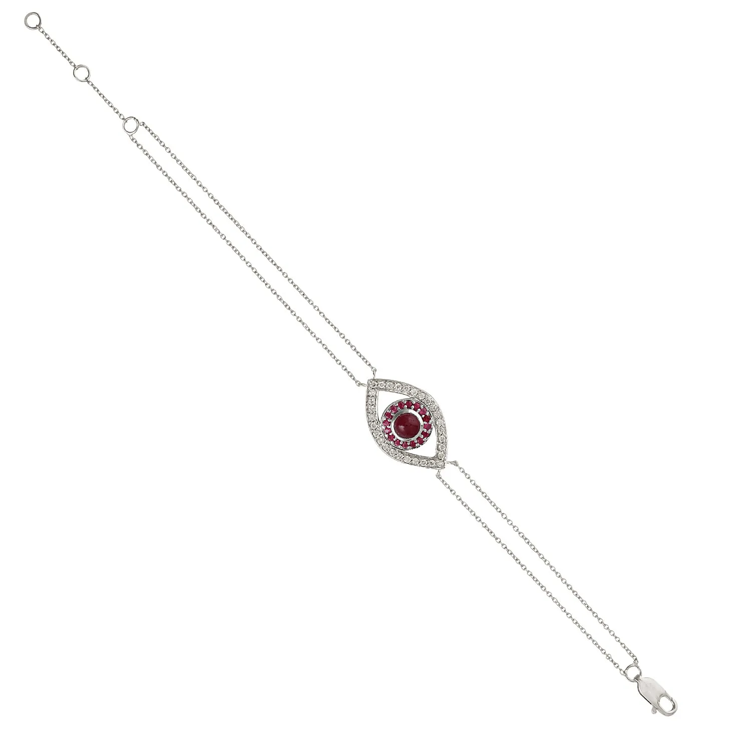 14K White Gold Pave Diamond Ruby Gemstone Evil Eye Design Bracelet
