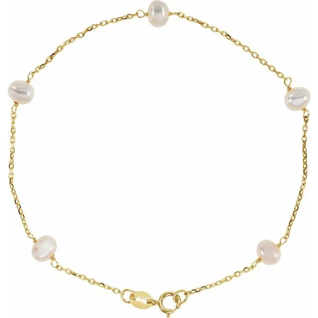 14K Yellow Gold Cultured White Gold Freshwater Pearl  5-Station 7" Bracelet