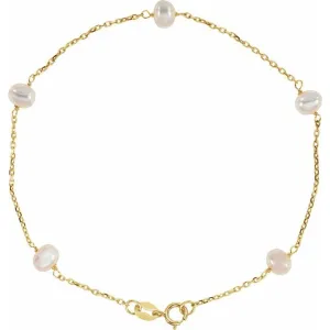 14K Yellow Gold Cultured White Gold Freshwater Pearl  5-Station 7" Bracelet