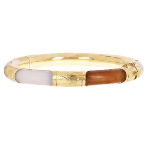 14k Yellow Gold Onyx & Multi Color Jade Hinged Bangle Bracelet 7.8mm 7" 28.4g