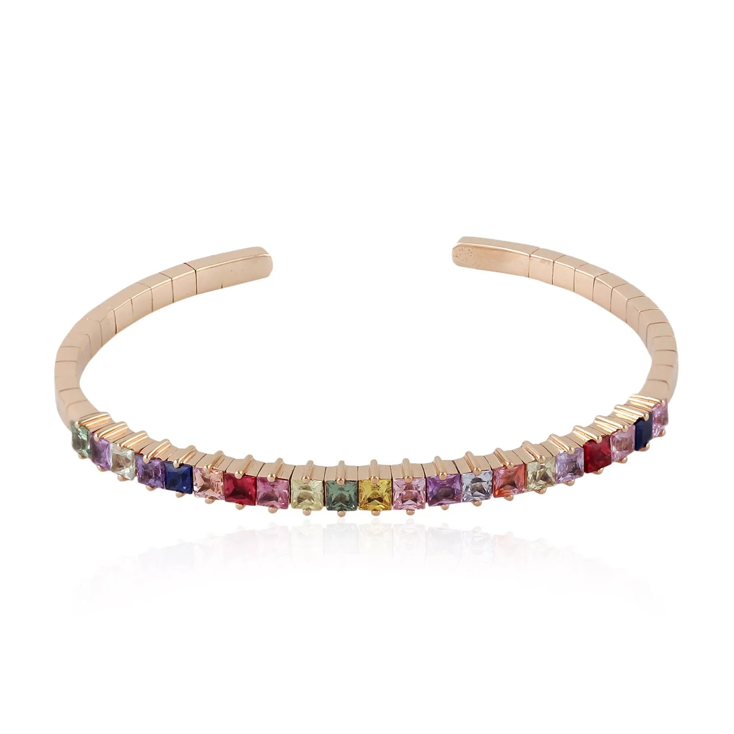 18K Rose Gold Princess Cut Multi Sapphire Gemstone Cuff Bracelet For Her