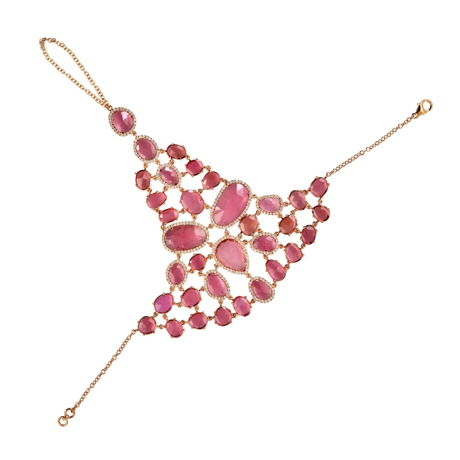 18K Rose Gold Unshaped Pink Tourmaline Pave Diamond Wedding Slave Bracelet For Her