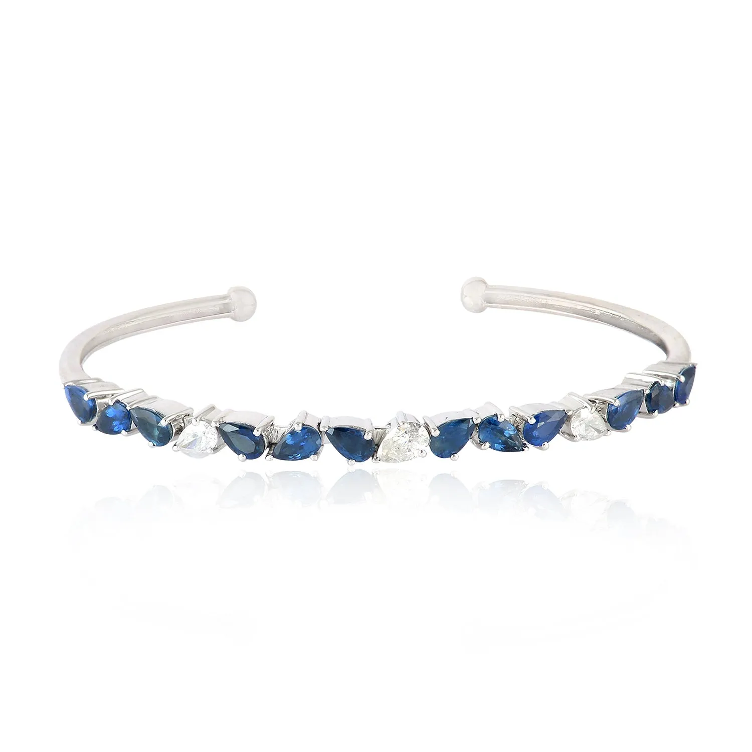 18k White Gold Pear Cut Blue Sapphire Rose Cut Diamond Cuff Bracelet Jewelry