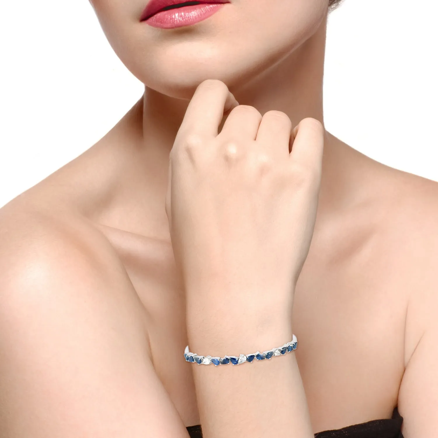 18k White Gold Pear Cut Blue Sapphire Rose Cut Diamond Cuff Bracelet Jewelry