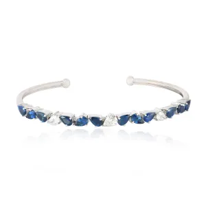 18k White Gold Pear Cut Blue Sapphire Rose Cut Diamond Cuff Bracelet Jewelry