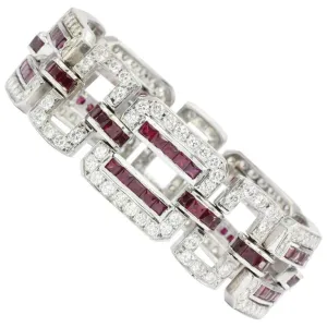 18K White Gold Ruby & Diamond Oval Link Tennis Bracelet 26 CTW