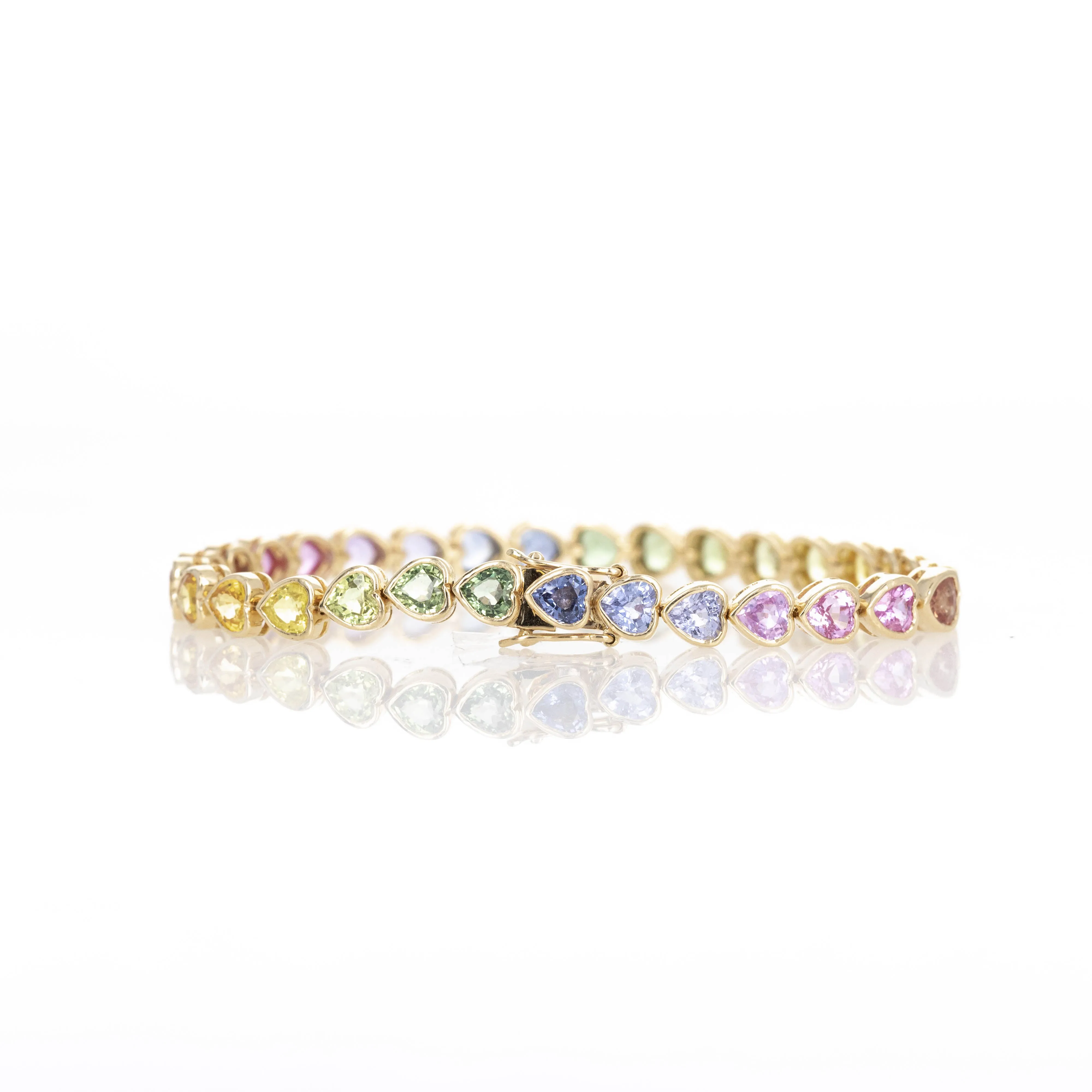 18K Yellow Gold 14.12 Carat Heart Shape Multi-Color Sapphire Bezel Bracelet
