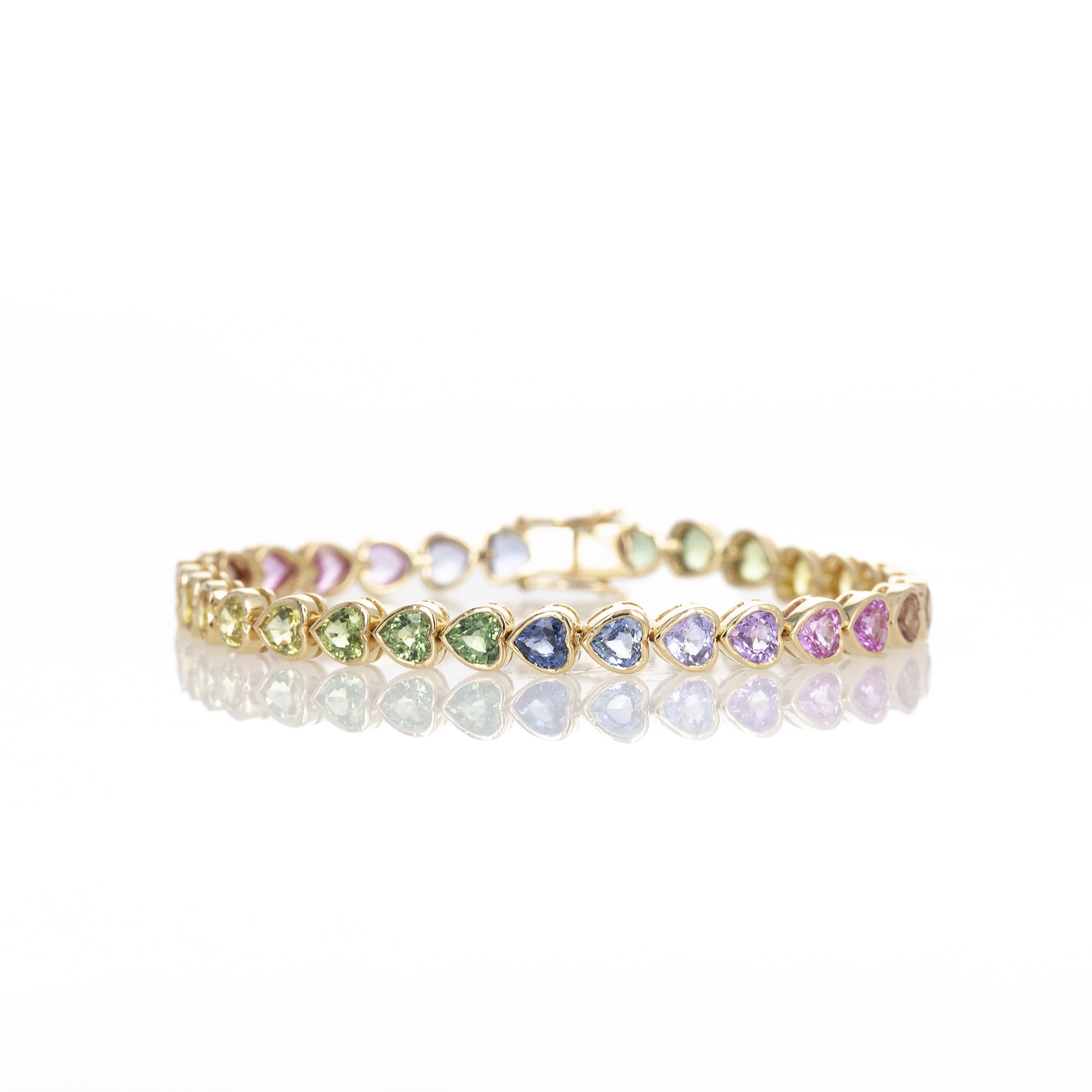 18K Yellow Gold 14.12 Carat Heart Shape Multi-Color Sapphire Bezel Bracelet
