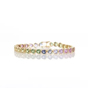 18K Yellow Gold 14.12 Carat Heart Shape Multi-Color Sapphire Bezel Bracelet
