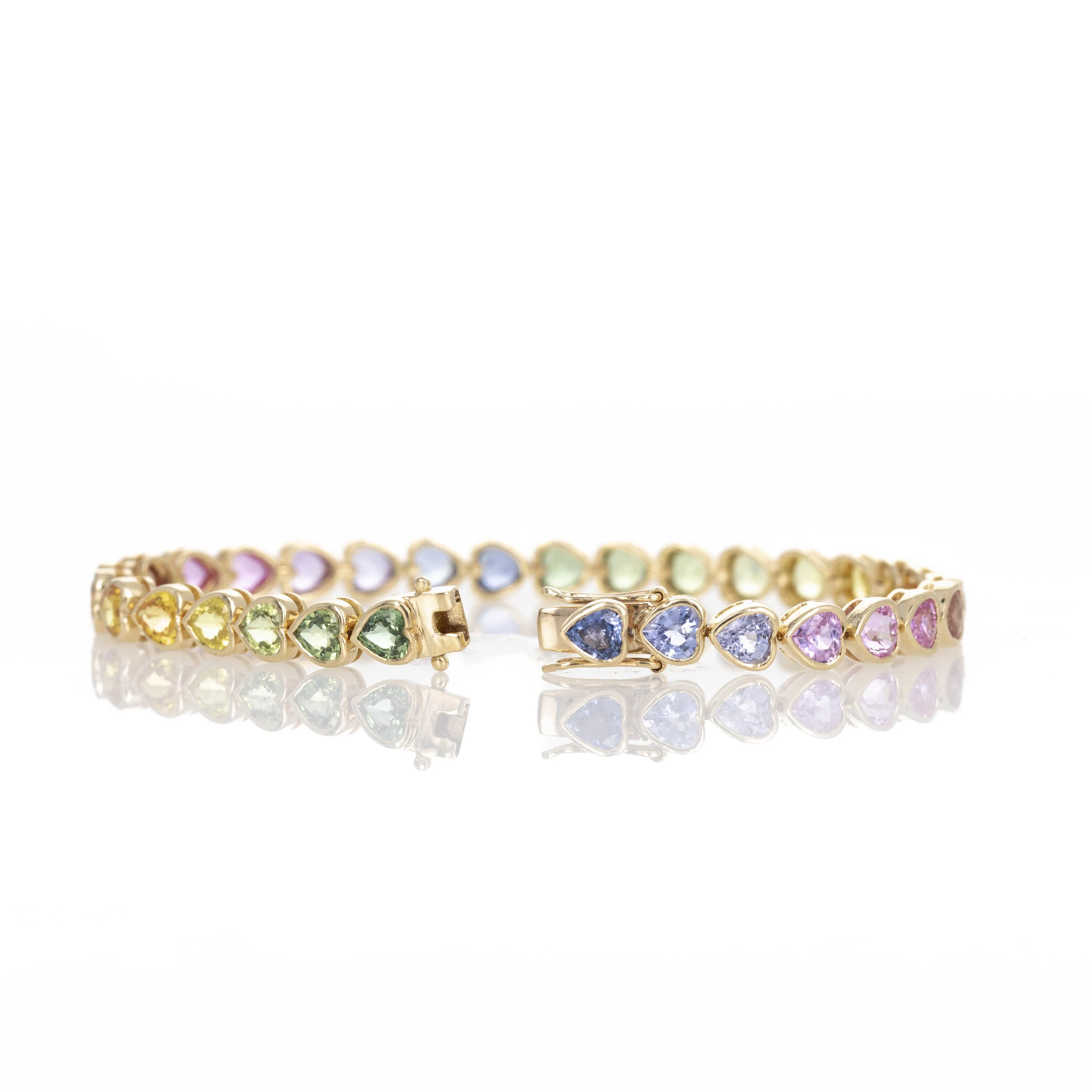 18K Yellow Gold 14.12 Carat Heart Shape Multi-Color Sapphire Bezel Bracelet