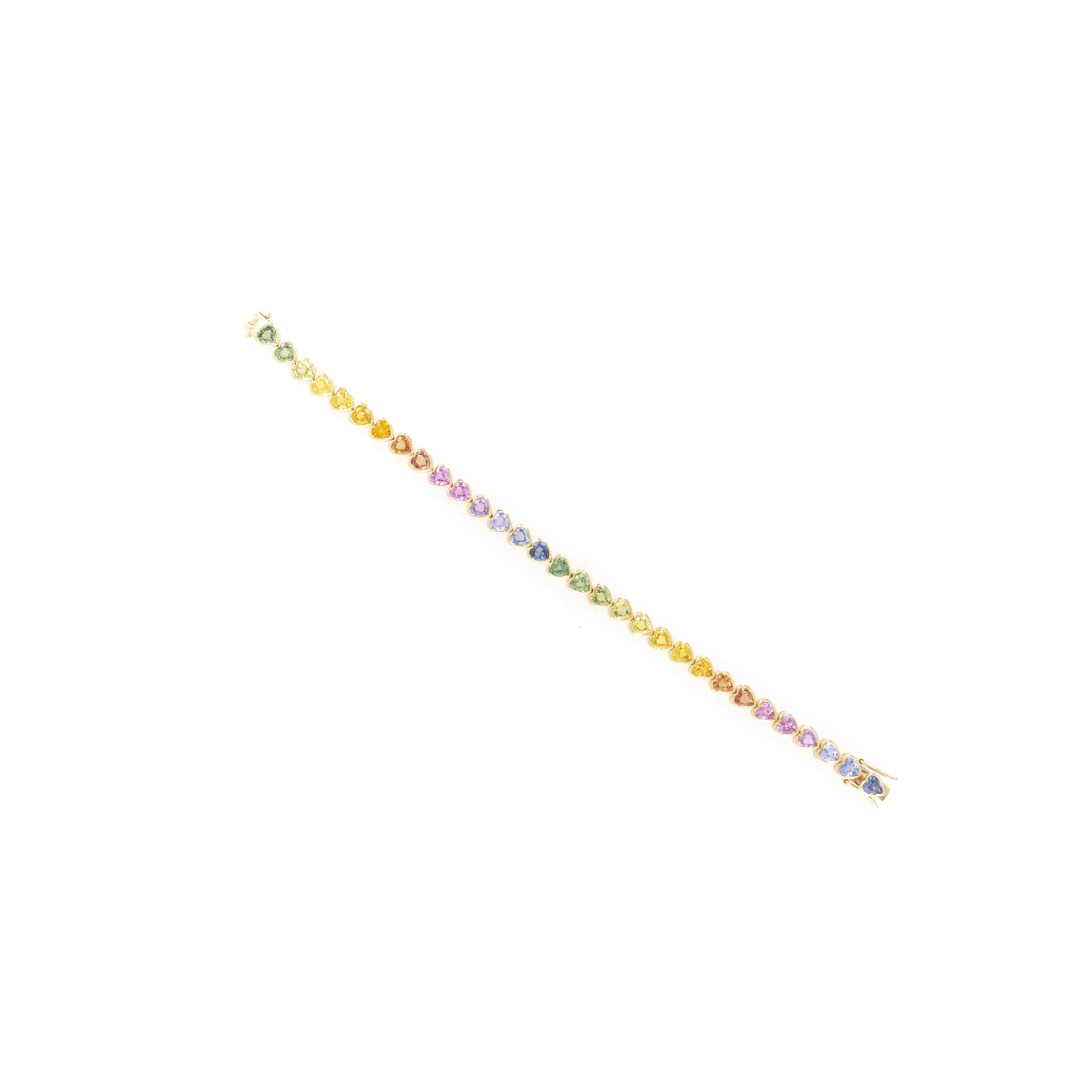 18K Yellow Gold 14.12 Carat Heart Shape Multi-Color Sapphire Bezel Bracelet