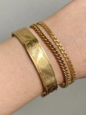 1962 Wide Hinged Bangle in 18k gold - Etched Curls Pattern - Stockholm, Sweden - 7 inch interior
