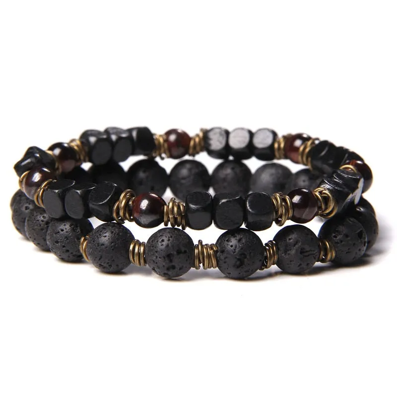 2 Chains Bracelet Set Men Vintage Stretch Bracelets