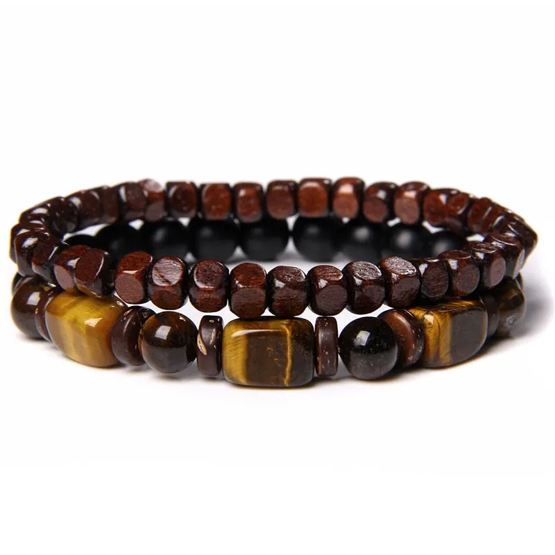 2 Chains Bracelet Set Men Vintage Stretch Bracelets