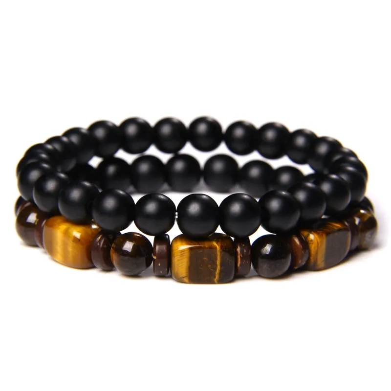 2 Chains Bracelet Set Men Vintage Stretch Bracelets