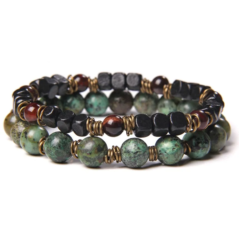 2 Chains Bracelet Set Men Vintage Stretch Bracelets