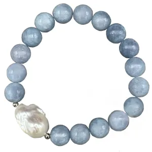 270-BLUE | SMOKY LITE BLUE QUARTZ BEADS W/PEARL STRETCH BRACELET