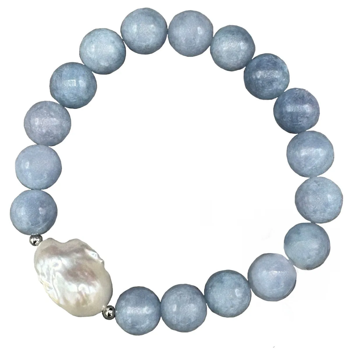 270-BLUE | SMOKY LITE BLUE QUARTZ BEADS W/PEARL STRETCH BRACELET