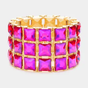 3 Row Purple AB Square Stone Stretch Pageant Bracelet | Statement Jewelry | 575007