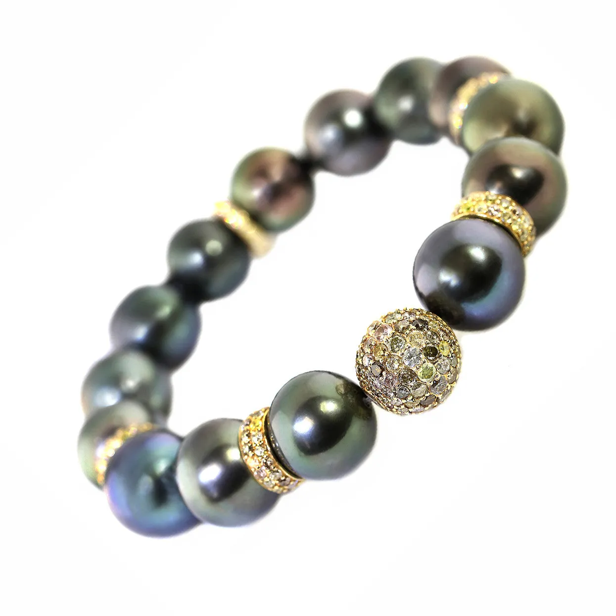 4.90ct Pave Fancy Diamond in Tahitian Peacock Pearl Stretch Bracelet