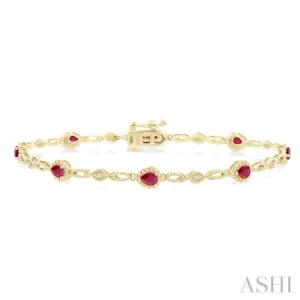 4X3 MM Pear Cut Ruby and 1/20 ctw Round Cut Diamond Precious Fashion Bracelet in 10K Yellow Gold