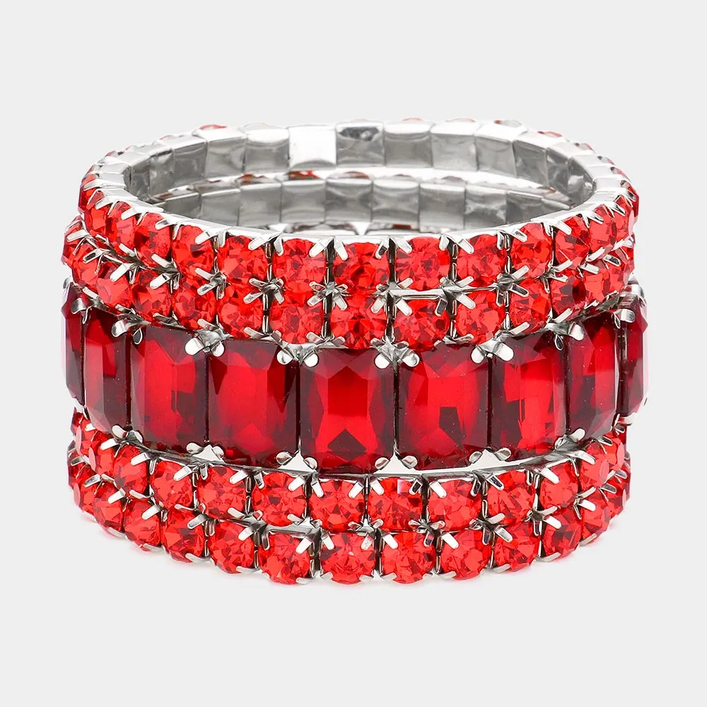 5 Pieces - Red Stone Stretch Multi Layered Pageant Bracelets | Prom Jewelry |  564247