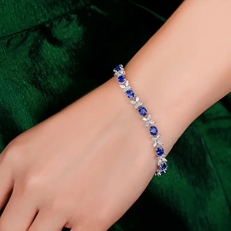 6.97ctw Natural Blue Sapphire and Marquise Diamond 18kt AU750 White Gold Bracelet Fine Jewellery