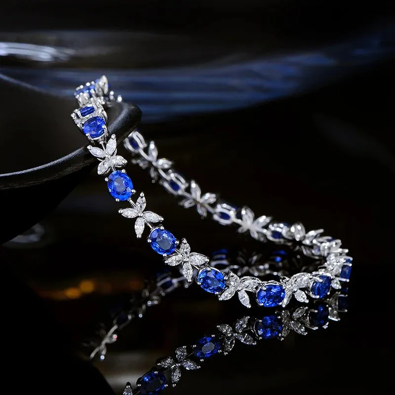 6.97ctw Natural Blue Sapphire and Marquise Diamond 18kt AU750 White Gold Bracelet Fine Jewellery