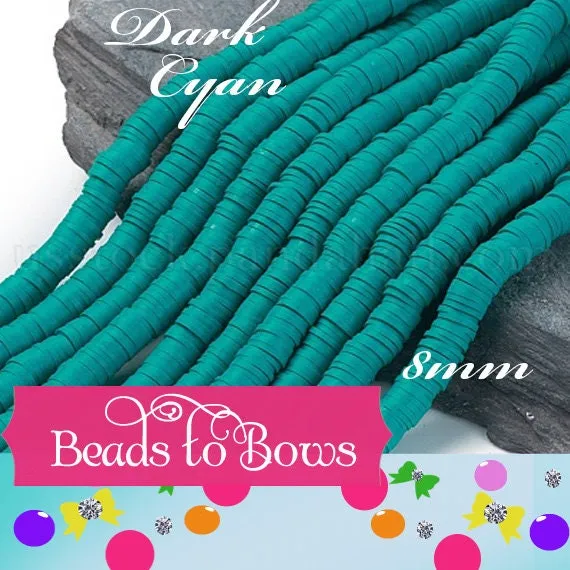 8mm Dark Cyan Heishi Bead Strands, Flat Round Polymer Clay Bead, Disc Heishi Beads, LIght Weight, Hawiian Earring Beads, Bracelets, Anklet