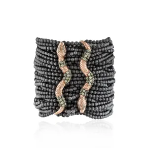 925 Silver Double-Snake Zinta Bracelet with Hematite & Green Sapphire