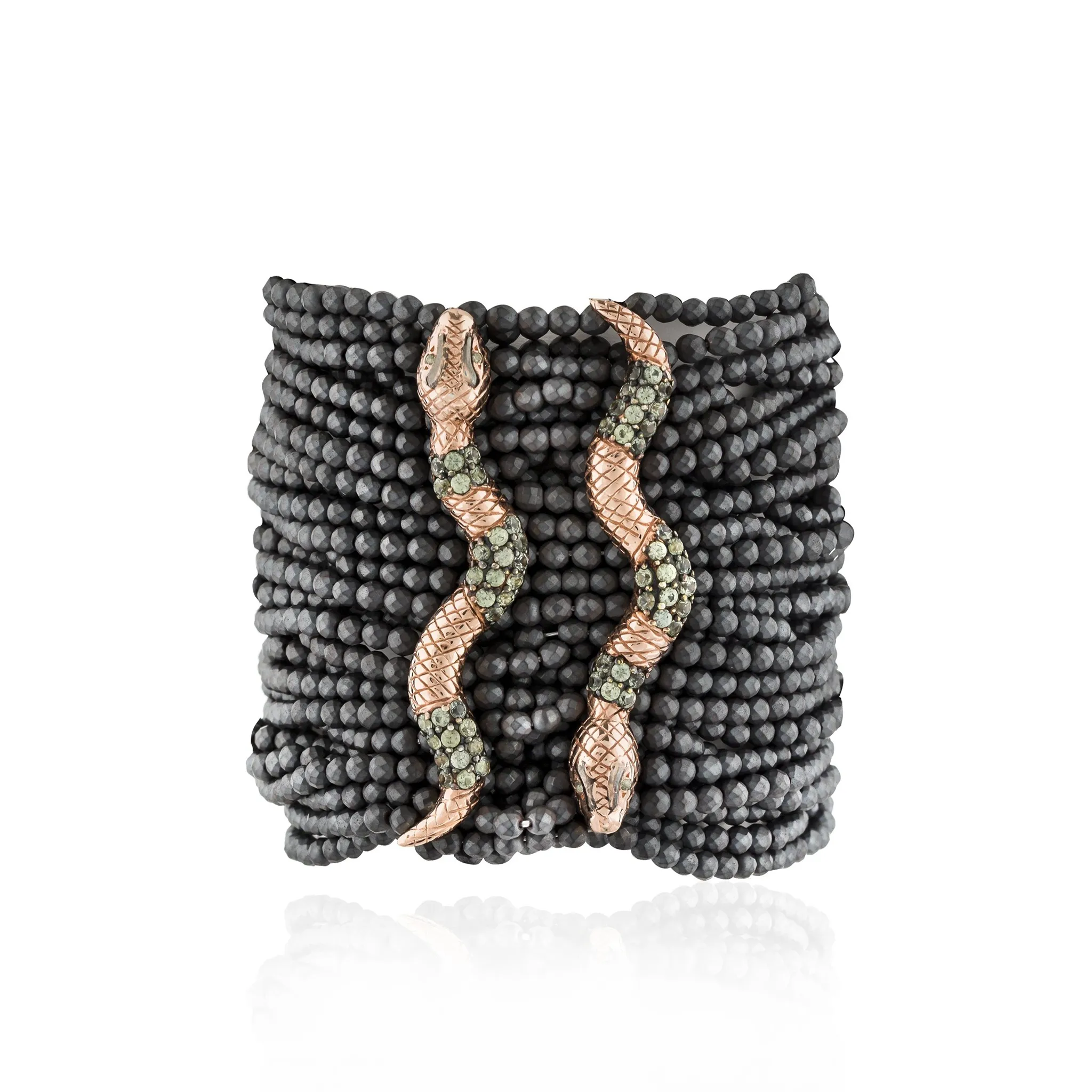 925 Silver Double-Snake Zinta Bracelet with Hematite & Green Sapphire
