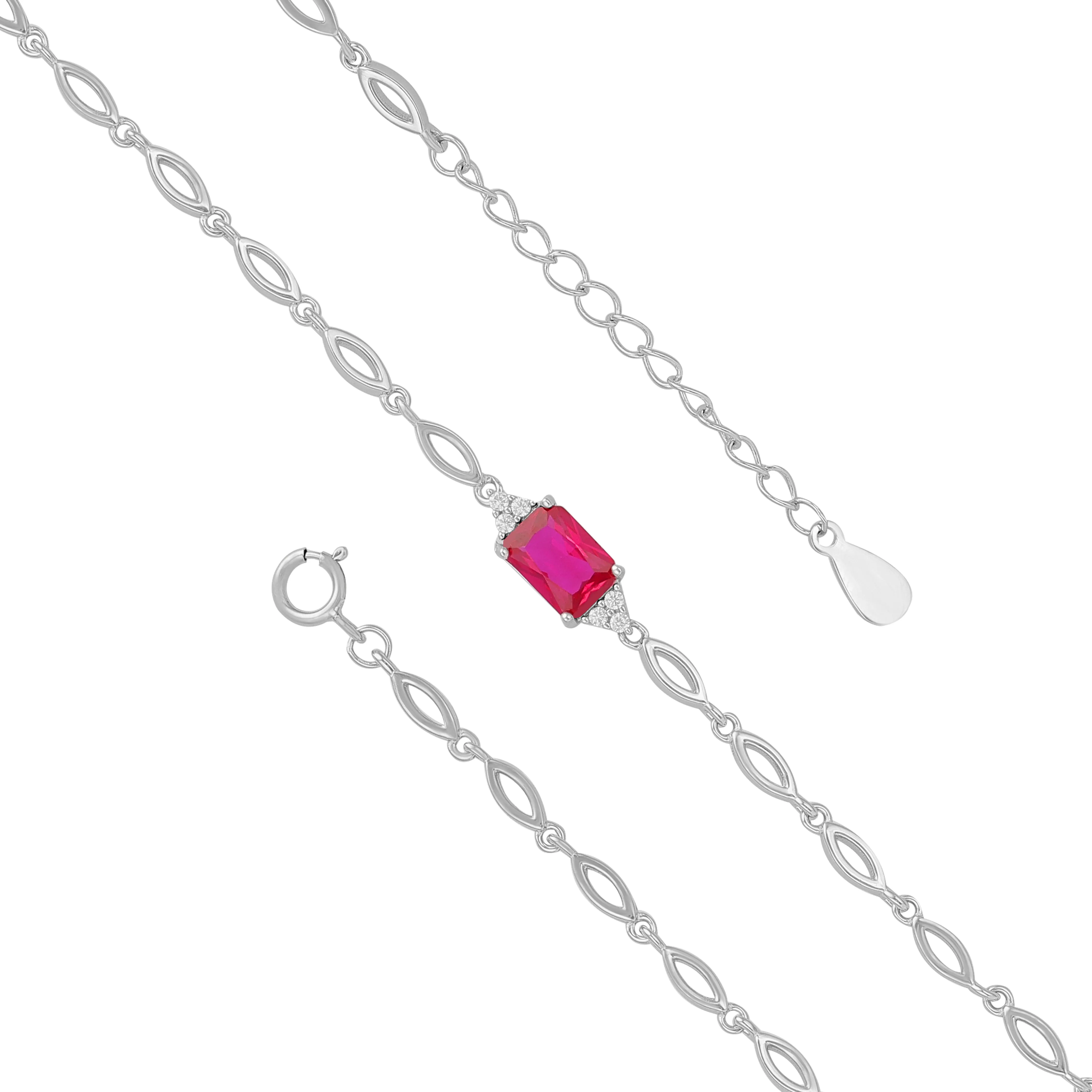 925 Sterling Silver July Month Square Ruby Birthstone Bracelet For Women