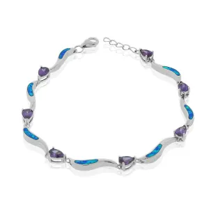 925 Sterling Silver Simulated Blue Opal Purple Amethyst-Tone Pear-Shape CZ Tennis Bracelet